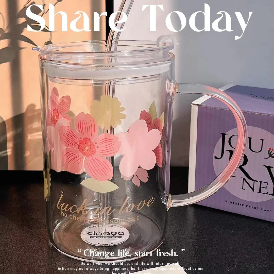 樱你而来大容量印花耐热带盖可爱玻璃吸管杯网红家用创意学生