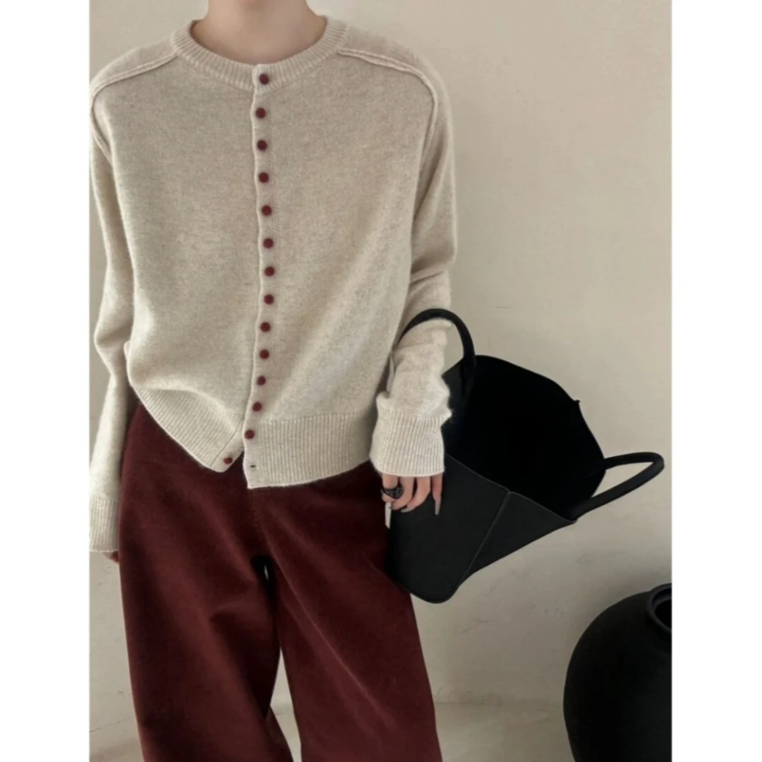 红色丝绒一排扣立体边开衫秋季新款女士针织衫宽松外穿毛衣