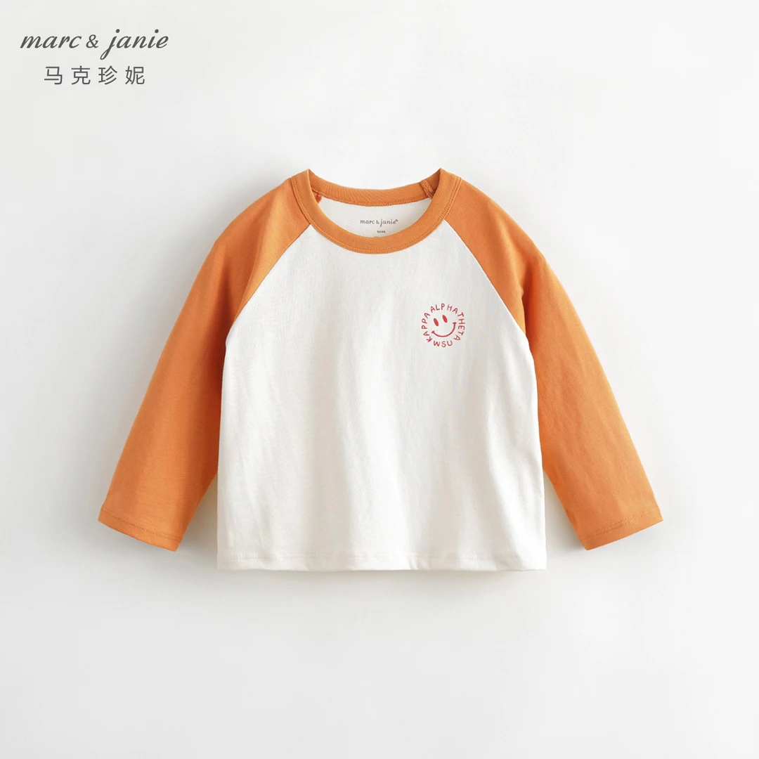 马克珍妮插肩袖童装笑脸印花长袖全棉春装T恤231811