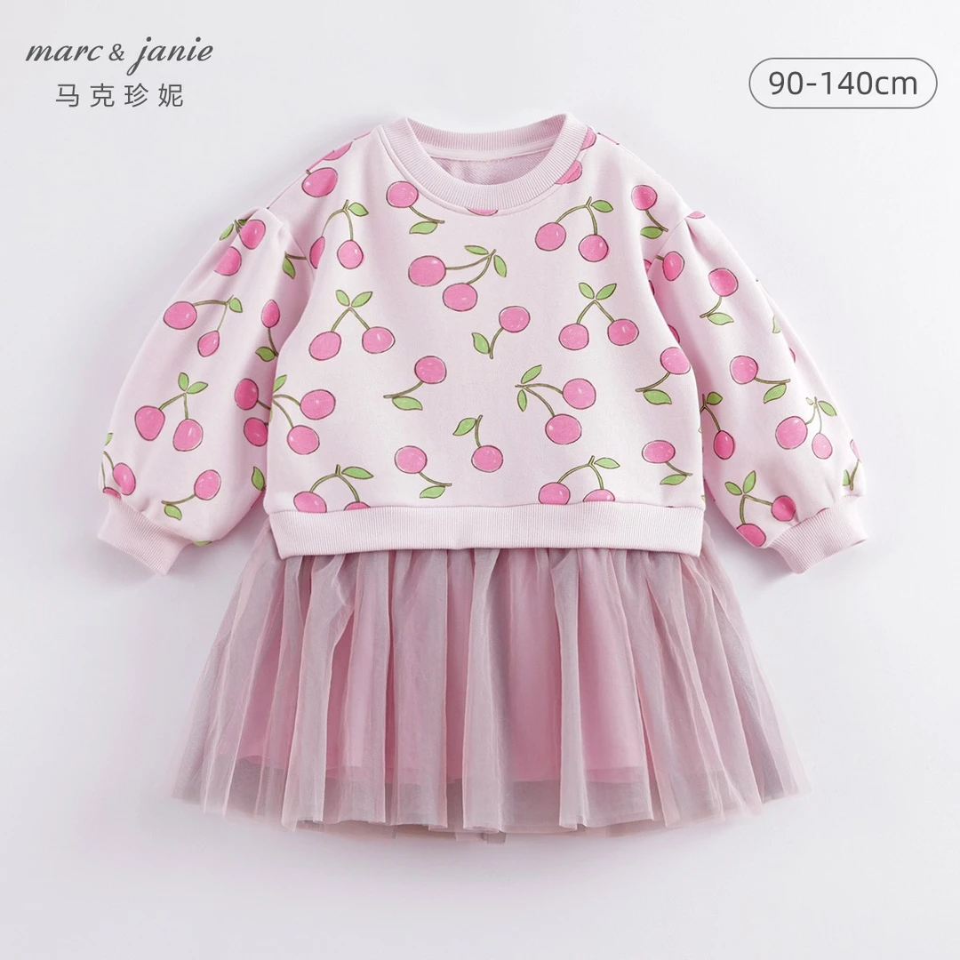 马克珍妮【印花网纱】女童拼接卫长袖衣裙儿童洋气连衣裙230133