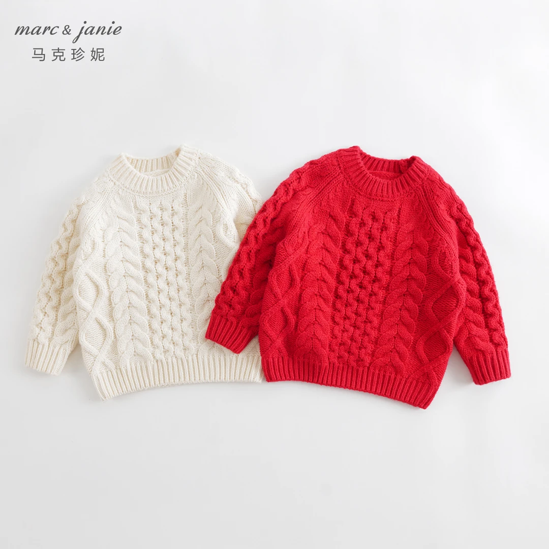 D【新年款】马克珍妮新年红毛衣童装宽松圆领男女童秋冬毛衣231313