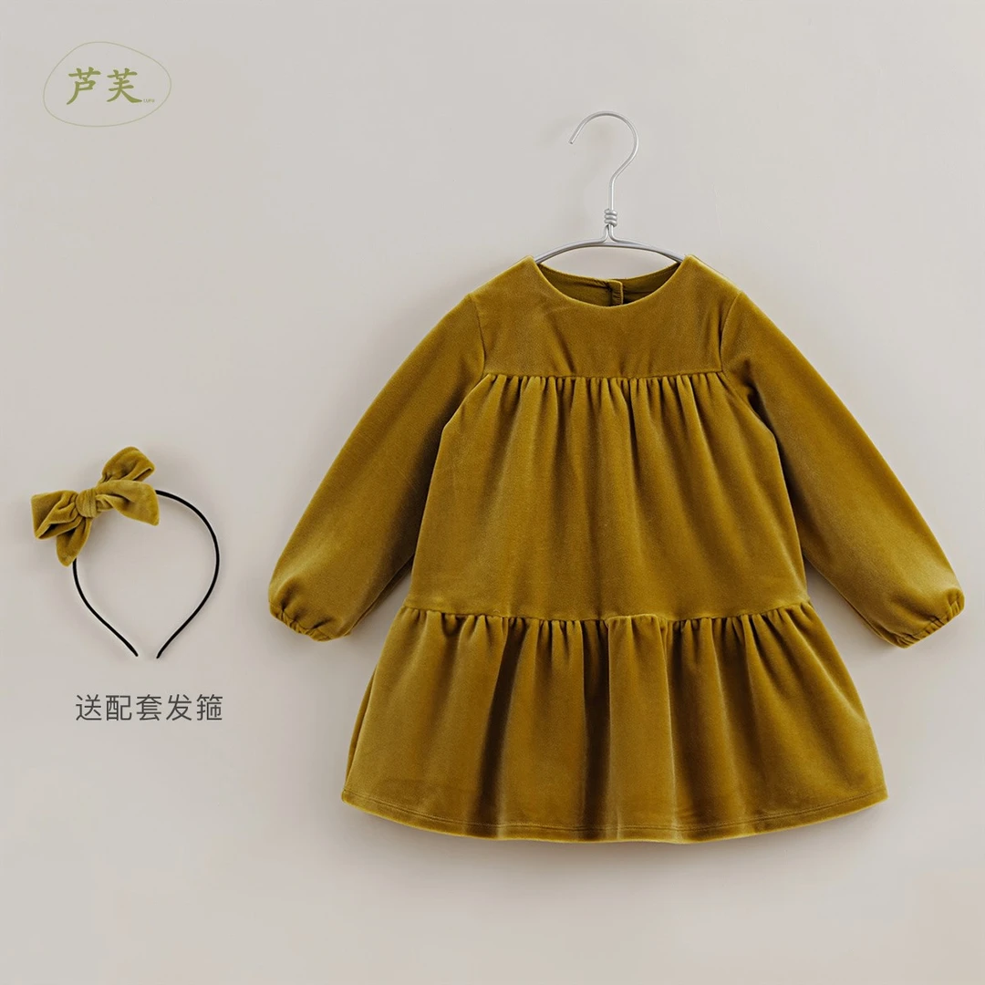 【马克珍妮 芦芙】秋装新款女童落肩A摆丝绒连衣裙221361
