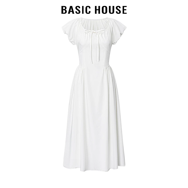 百家好/BasicHouse白色气质高级感一字肩系带泡泡短袖长款连衣裙