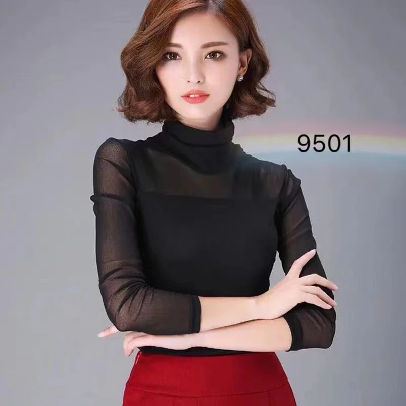 薄款时尚长袖高领黑色夏季气质半高领内搭修身打底衫女士9501洋气