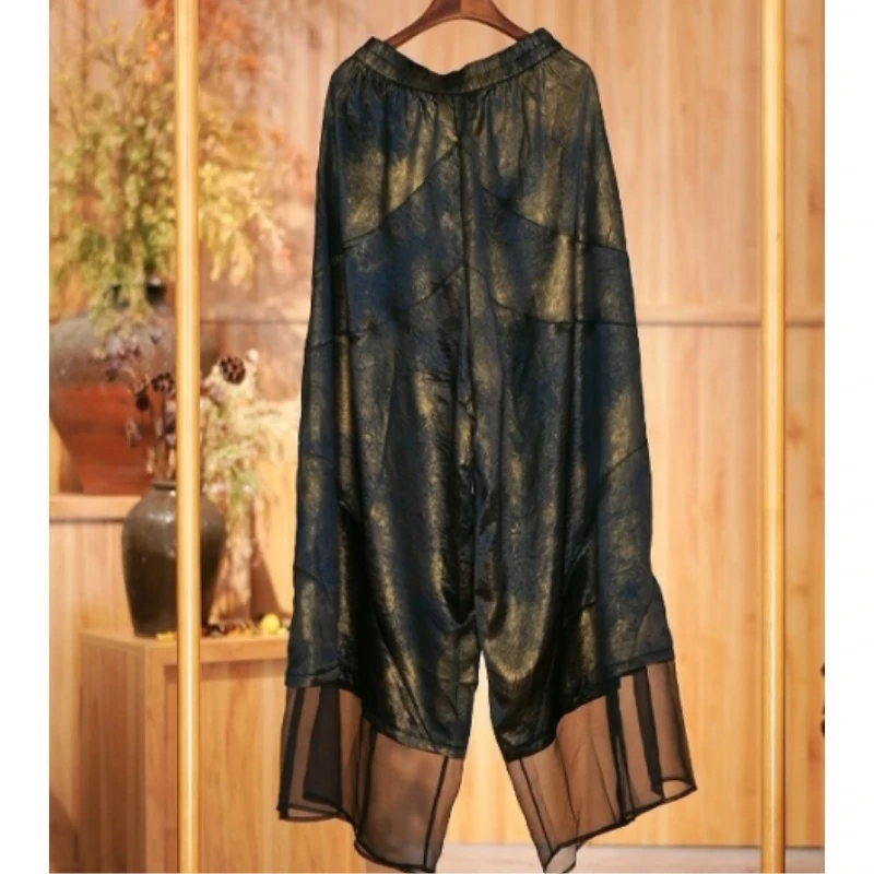 穗缎时尚休闲阔腿裤3437夏季宽松黑色拼接长款女士百搭