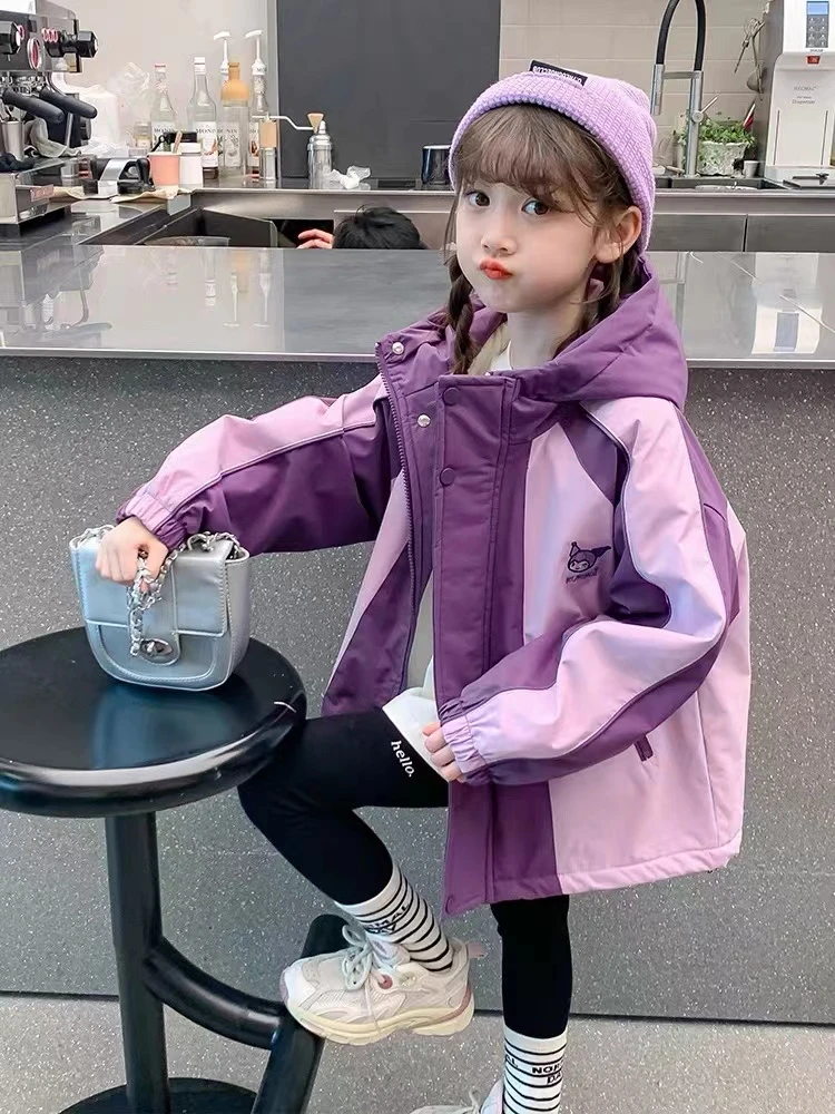 女童加绒外套2025秋冬新款加厚加绒百搭小女孩库洛米连帽风衣外套