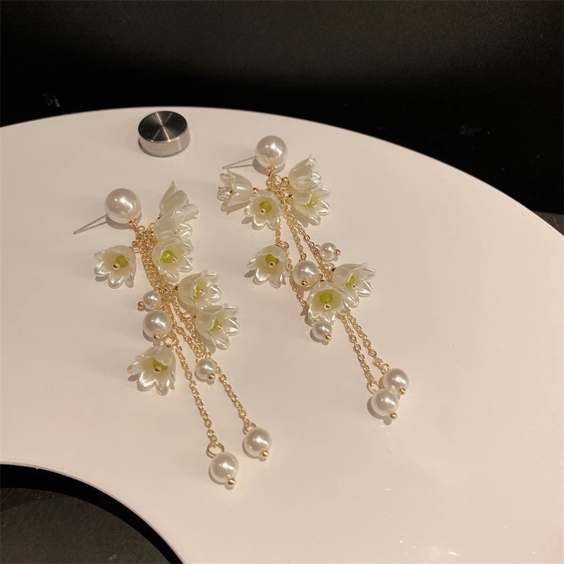铜合金耳饰 S925银针甜美优雅花朵耳环女ins高级长款流苏耳钉耳饰