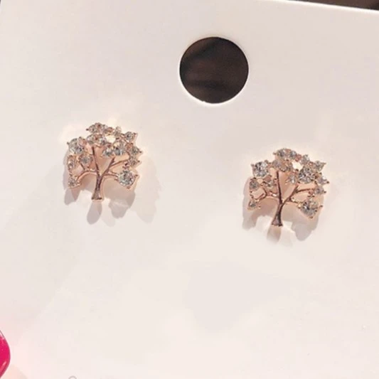 合金耳饰 925银针镶钻精致许愿树美好寓意耳钉韩版百搭生命树耳饰