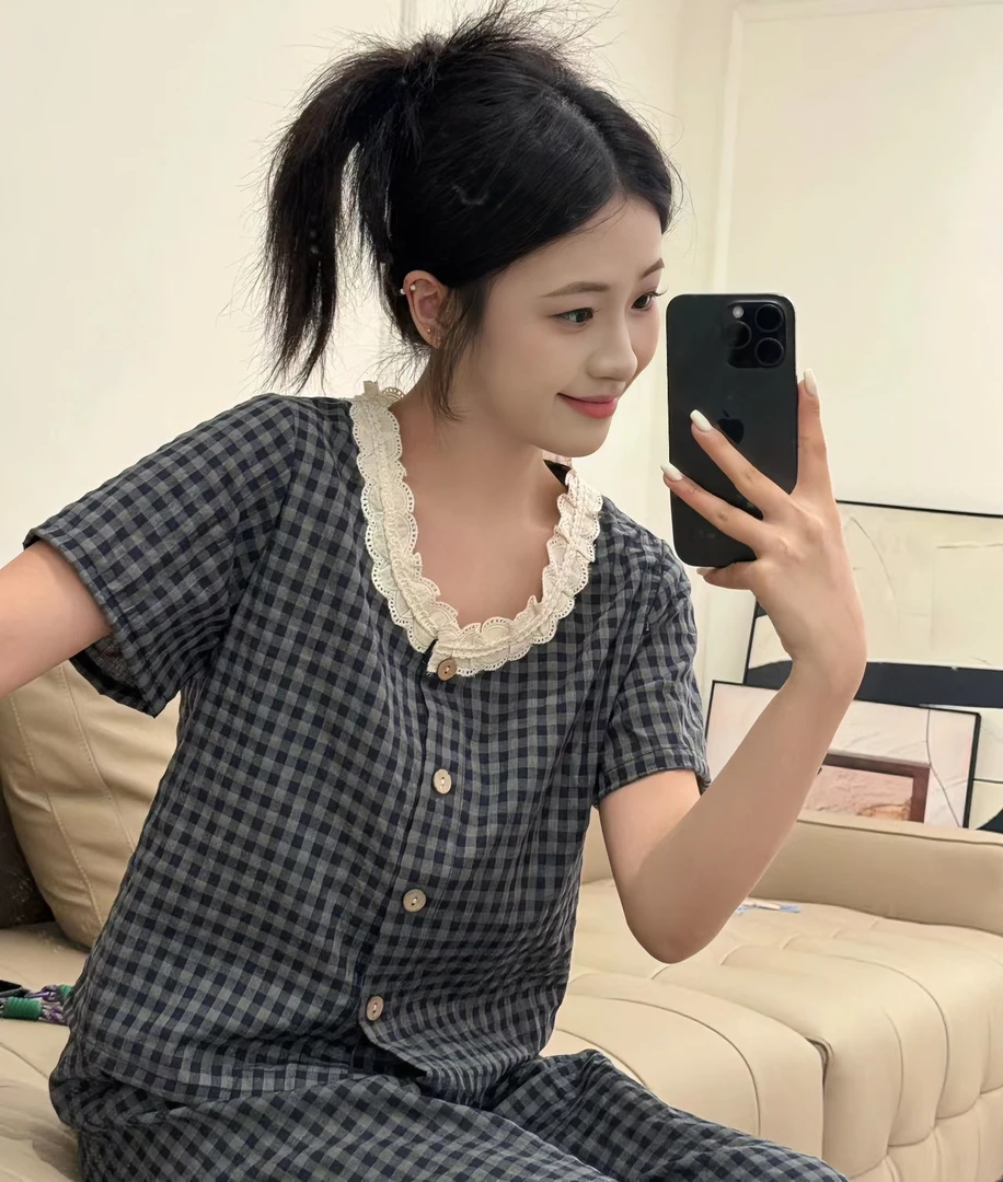 VINEEMAN【小香兰格】花朵圆领蕾丝夏季女短袖睡衣女款爆款2025新款