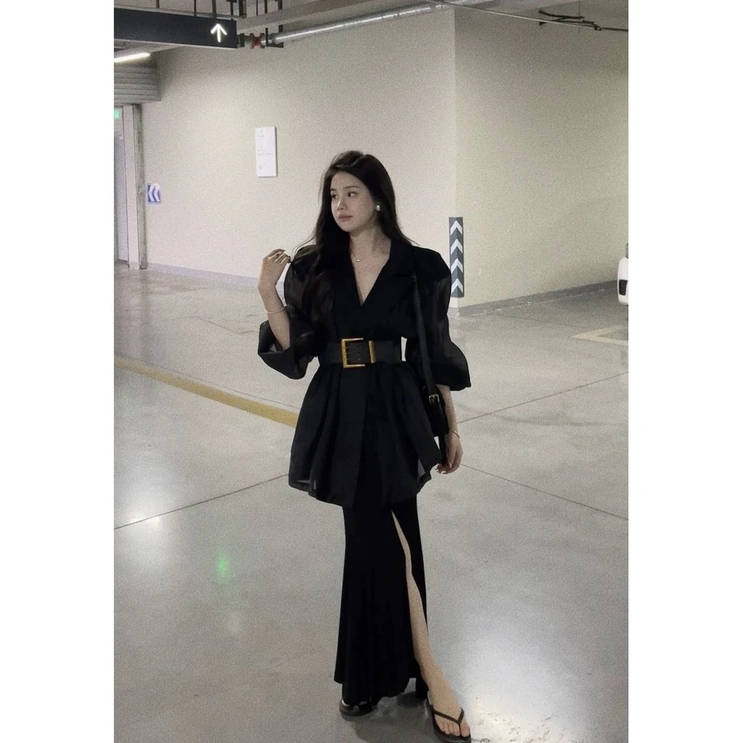 【EB】拼纱西服外套女鱼尾半身裙胖mm2024春季新款显瘦宽松大码女装