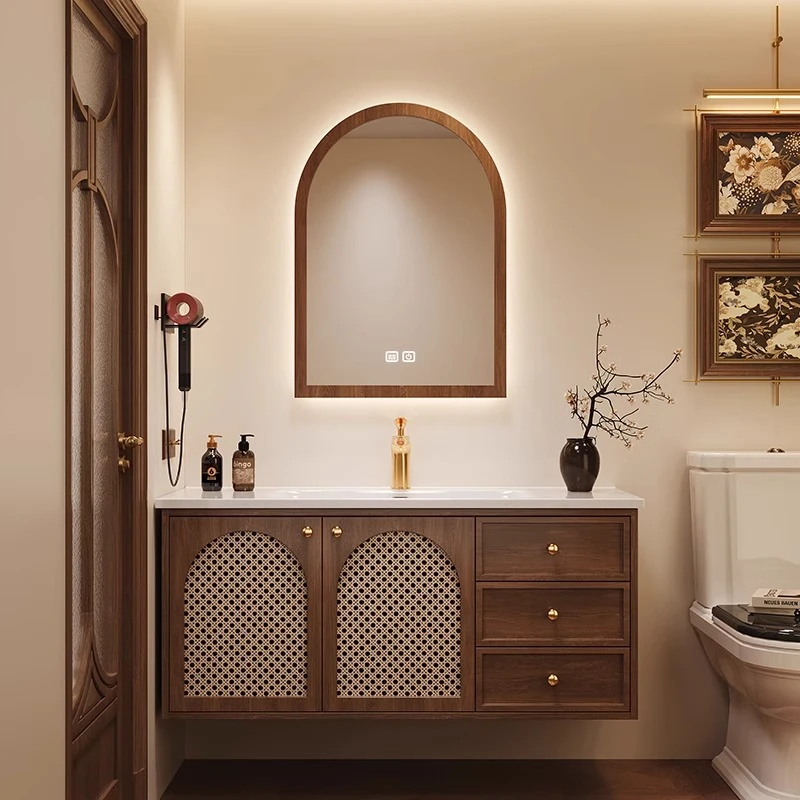 复古藤编浴室柜组合陶瓷一体盆日式原木风洗漱台洗脸盆柜智能镜柜