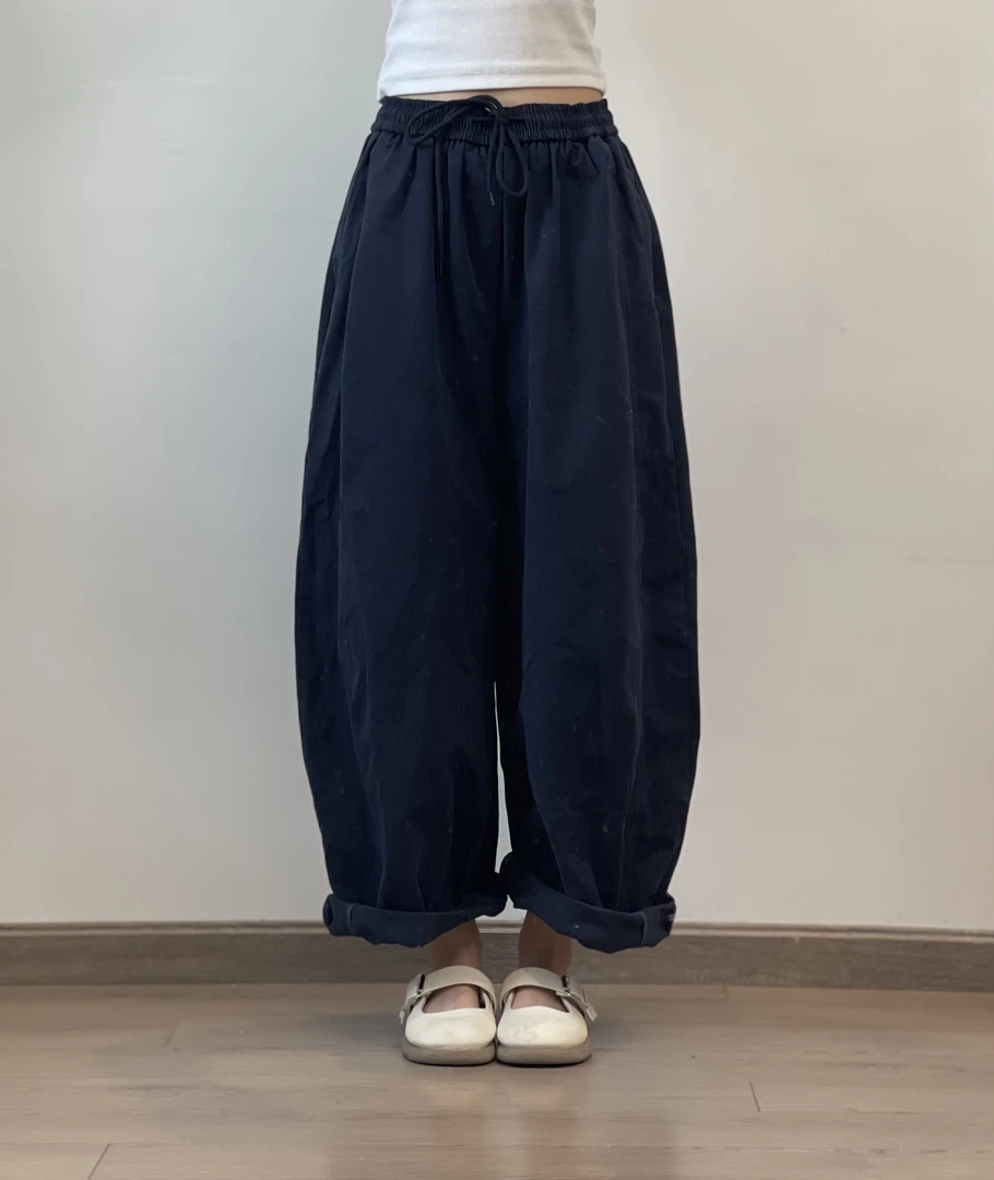 西湖六月天秋季新款直筒休闲裤复古文艺松紧腰系带百搭宽松长裤