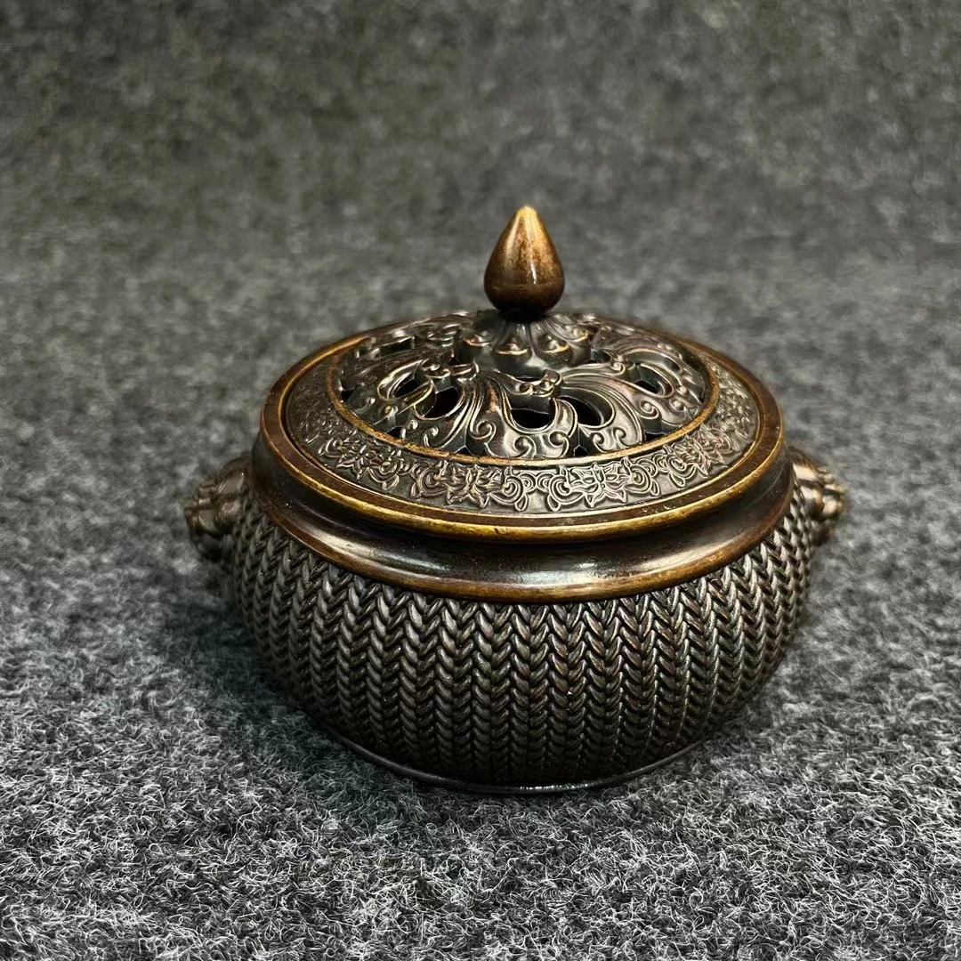 纯铜竹编香熏炉瑞兽铜香炉藏经纸色案头炉复古茶道香炉茶台摆设