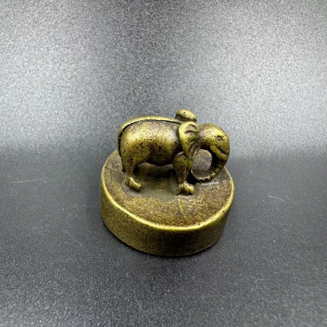 仿古铜器古玩杂项收藏纯黄铜大象小印章摆饰茶宠铜器桌面创意摆件