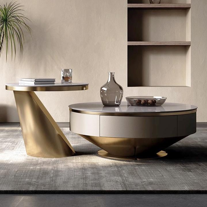 轻奢进口天然大理石圆形家用客厅高级感奢石极简茶几组合2024别墅