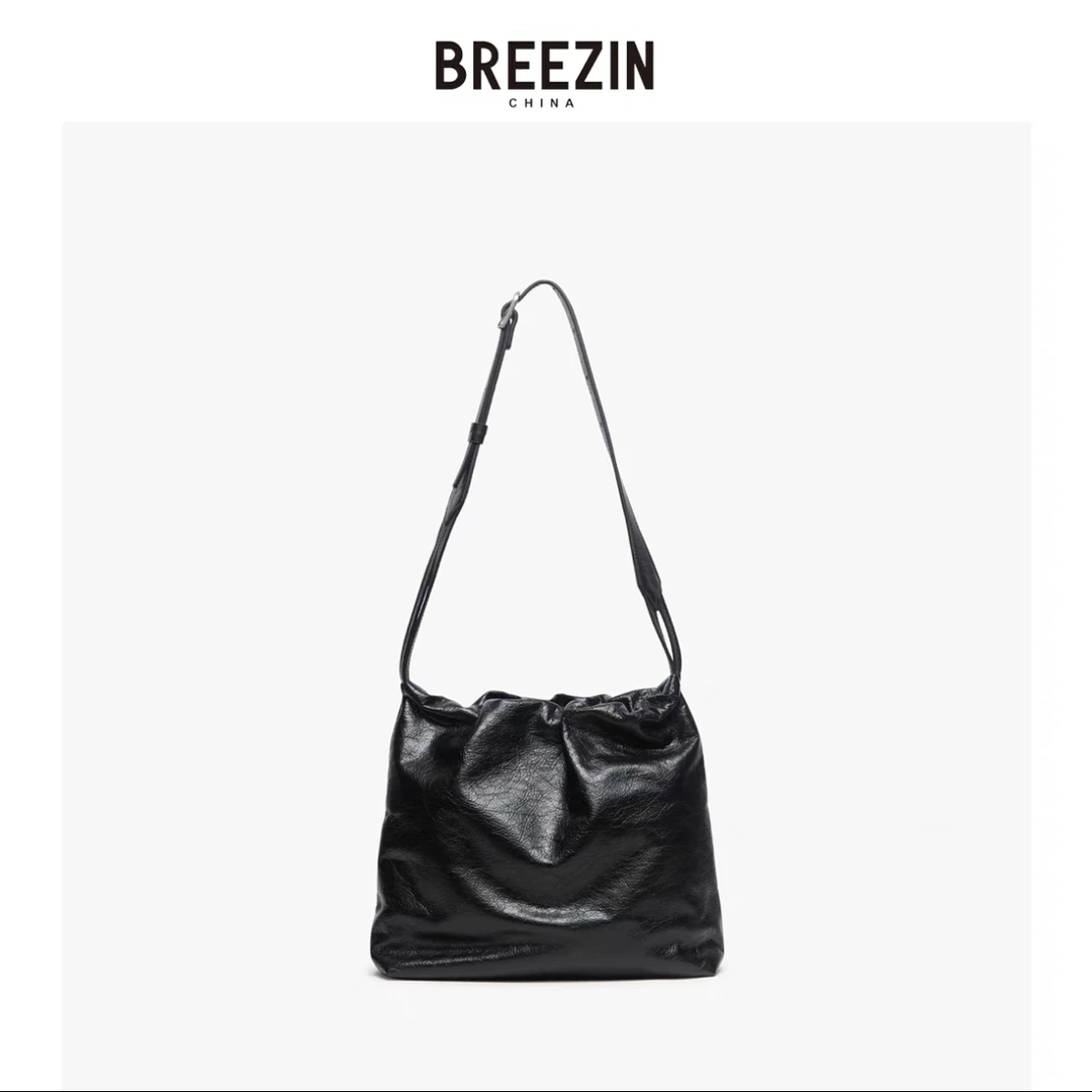 BREEZIN2024秋冬新款头层牛皮炸裂纹文艺日系复古单肩方形托特包