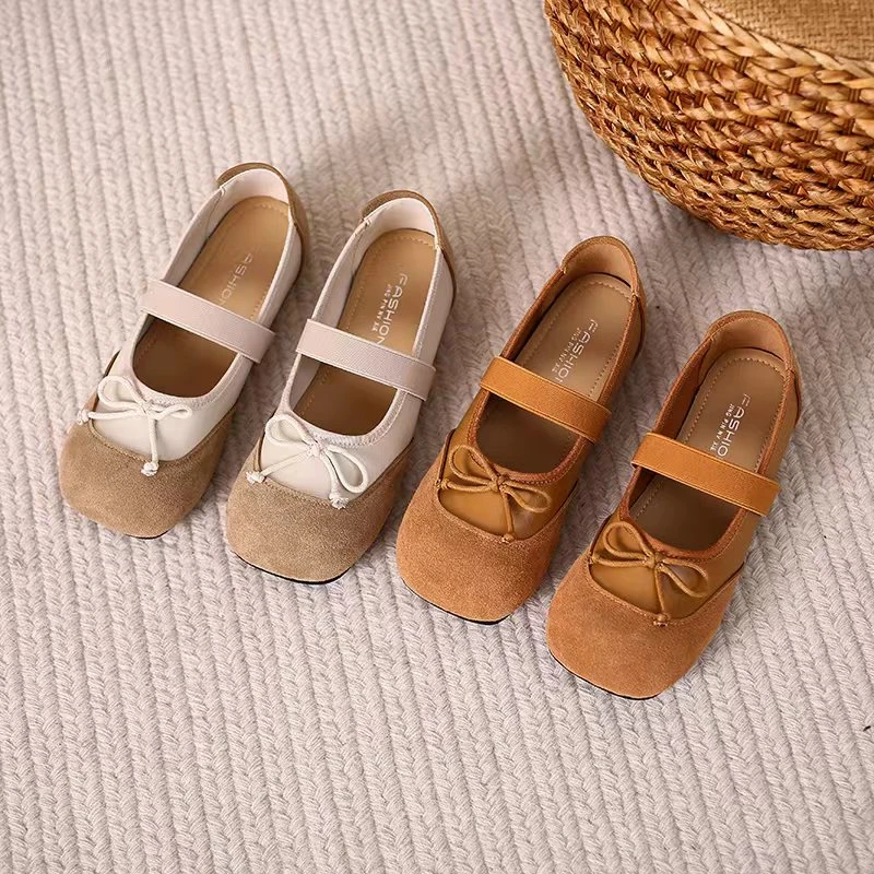 门店价299！蝴蝶结玛丽珍百搭方头平底小单鞋  米色/黄色  货号058