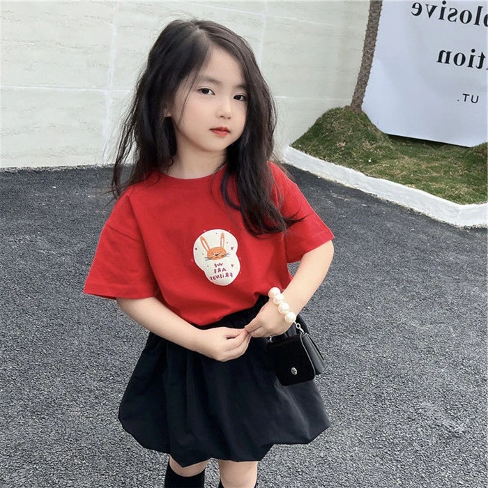 女童短袖t恤2023新款宝宝洋气半袖宽松体恤儿童红色夏装纯棉上衣1