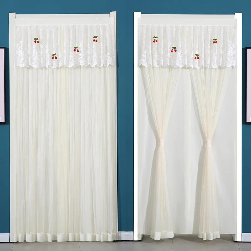四季蕾丝门帘免打孔家用防蚊纱帘卧室厨房卫生间隔断帘雪纺半帘夏