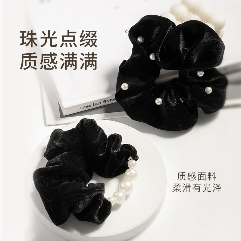 lolola萝萝拉珍珠大肠丝绒发圈气质优雅黑色简约慵懒发饰复古头饰