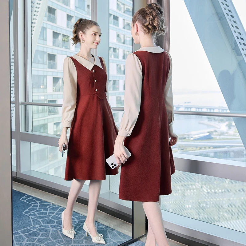 奢姿2025冬季新款大码女装翻领撞色裙子胖mm复古钉珠时尚连衣裙