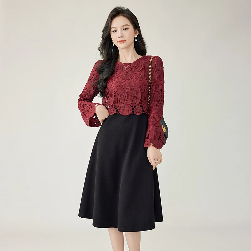 奢姿2025年秋季新款大码女装红色拼接裙子胖妹妹假两件连衣裙