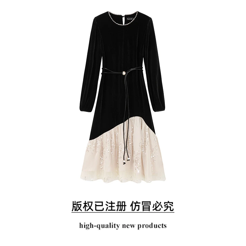 奢姿2025春季新款大码女装法式温柔裙子胖妹妹拼接亮片丝绒连衣裙