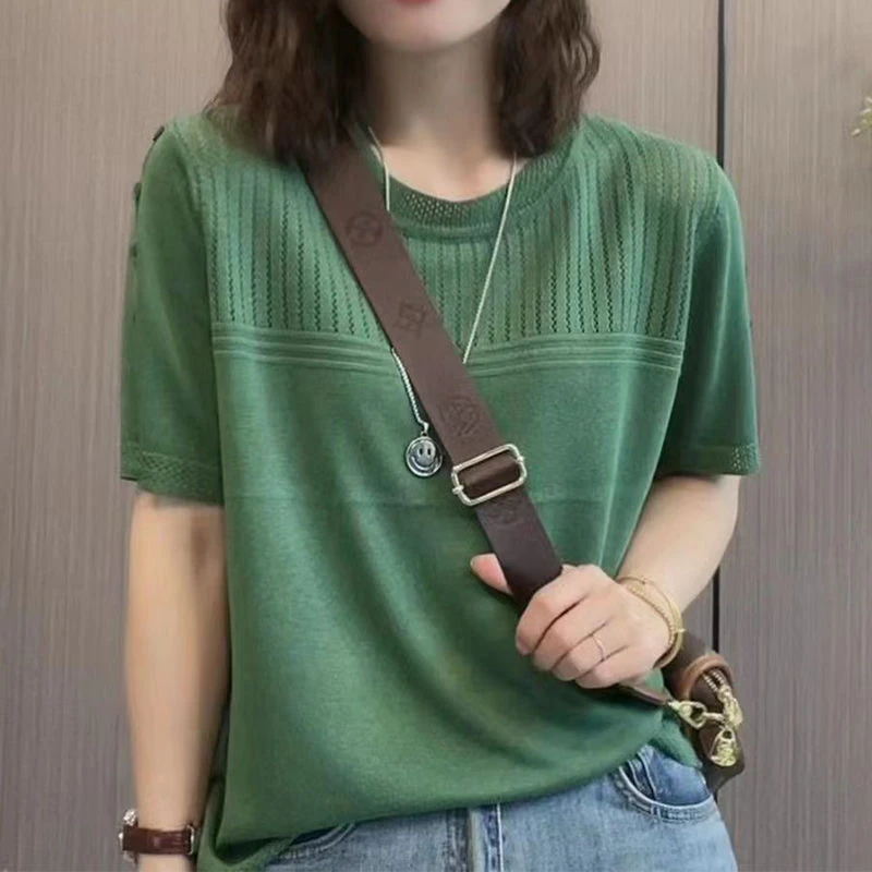 宽松显瘦【80-200斤】圆领镂空冰丝短袖T恤女夏季洋气打底针织上衣