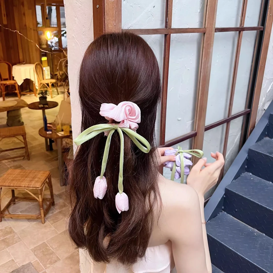 简约甜美飘带郁金香大肠发圈时尚高端发绳新款高级感气质头绳发饰