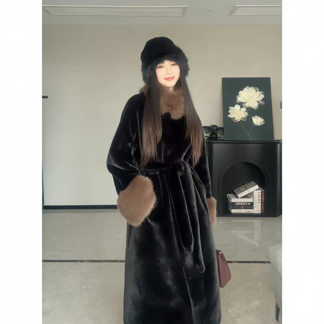 『轻奢公主』网红高端气质撞色秋冬女士中长款毛毛外套-1