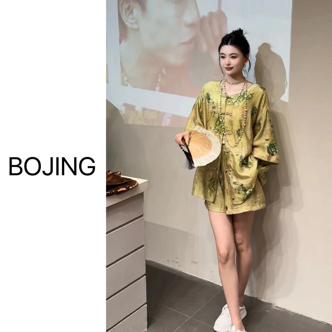 现货【绿水玲珑】新中式时尚休闲百搭夏季宽松国风上衣套装