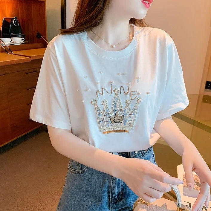 Y308夏季2025小众设计感字母皇冠刺绣短袖T恤女韩版重工钉珠上衣
