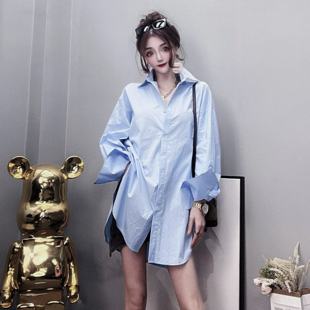 防嗮上衣女韩版时尚洋气宽松中长款气质设计感长袖休闲棉衬衫