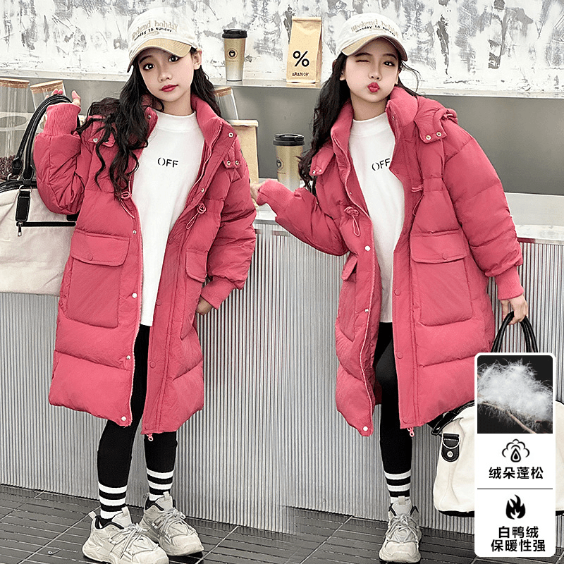 PUDDING/布丁鱼女童冬装羽绒服2023新款女大童冬季白鸭绒长款外套