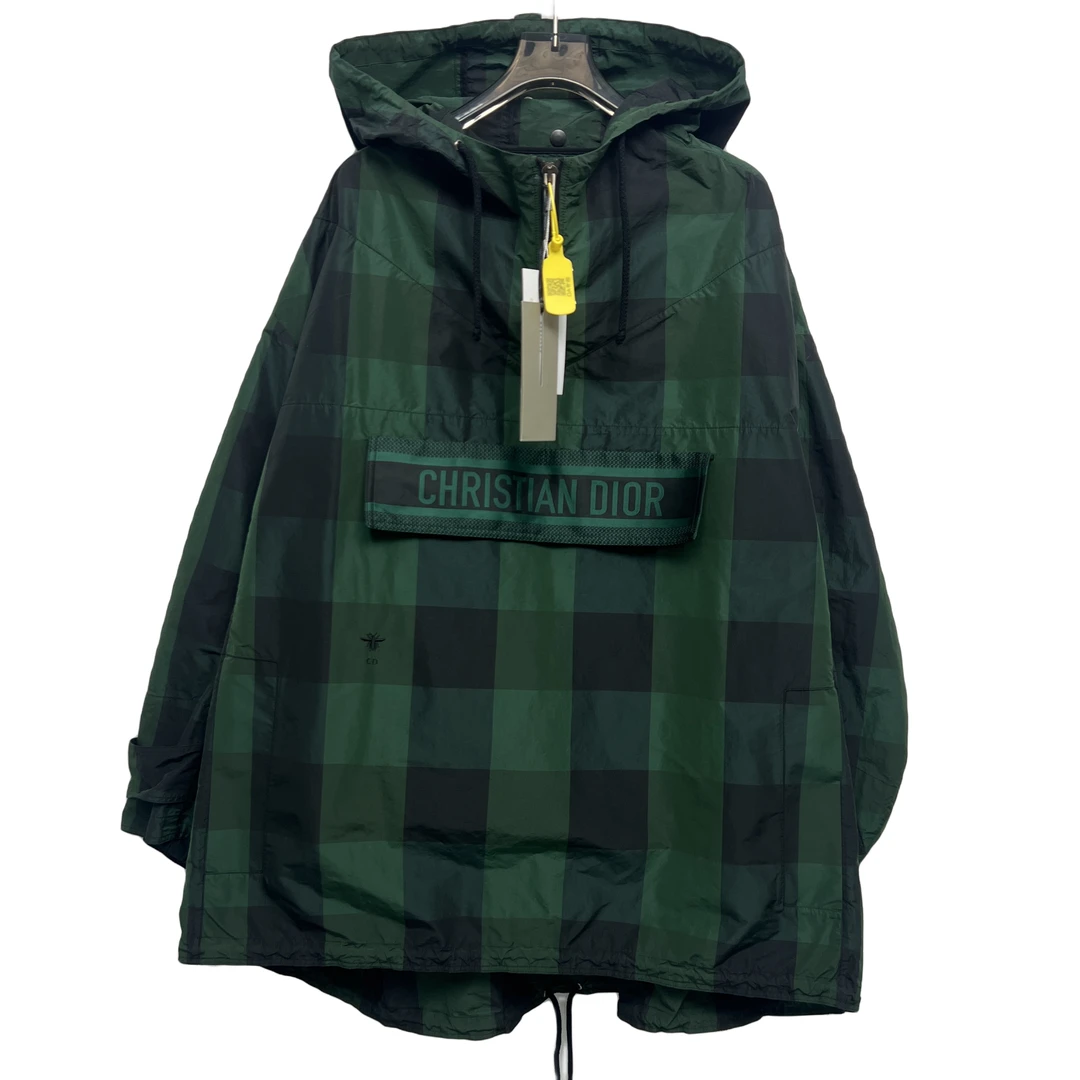 99新 DIOR/迪奥 字母logo黑绿格纹连帽冲锋衣宽松 S码// 休闲潮流