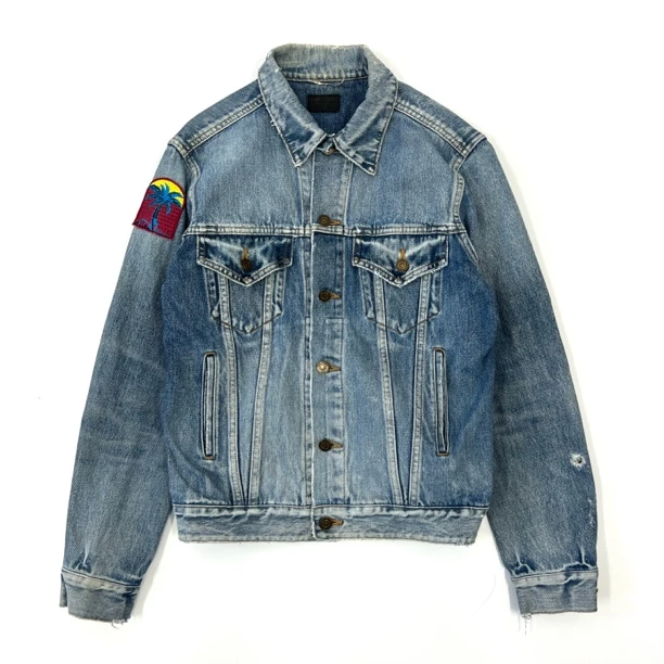 95新 YSL/圣罗兰 Saint Laurent棕榈勋章刺绣复古破坏牛仔外套M码