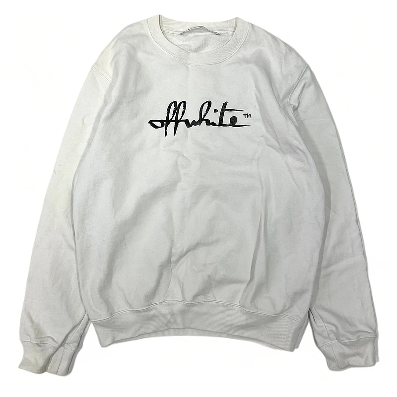 95新 OFF-WHITE ow胸前草写字母logo白色圆领长袖卫衣 M码/ 9266/