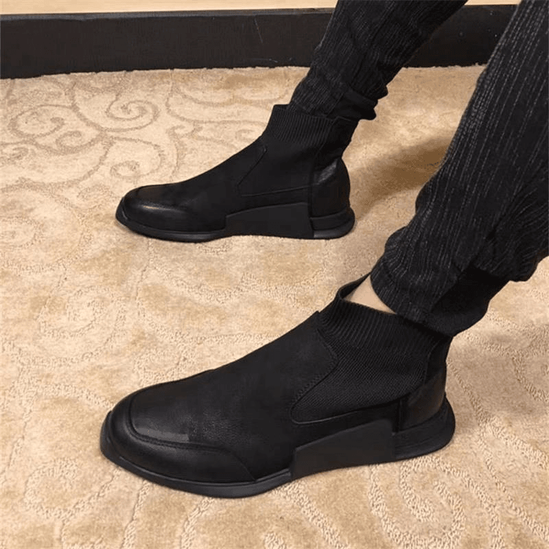 京识2023秋冬新款男士马丁靴真皮中高帮休闲袜子鞋韩版百搭英伦风