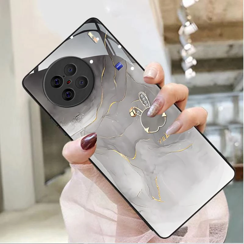 适用vivox90s手机壳X90S玻璃纹理水墨兔防摔女款格纹个性不褪色防