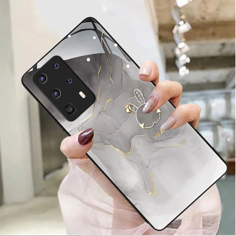 适用华为P40pro+手机壳P40PRO+玻璃纹理水墨兔防摔女款格纹个性不