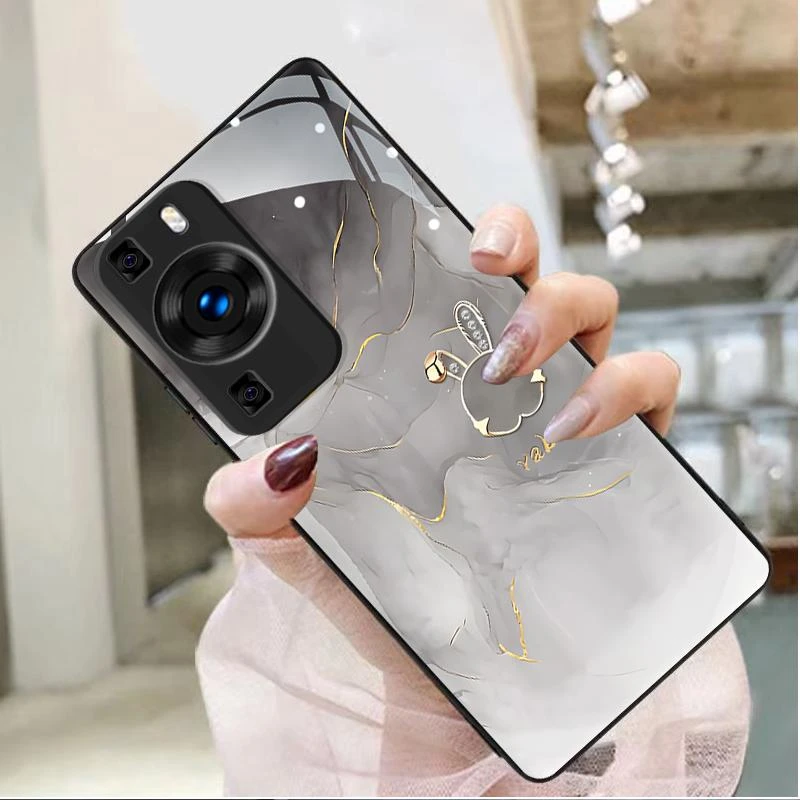 适用华为P60玻璃手机壳华为p60pro纹理水墨兔华为p60art防摔女款