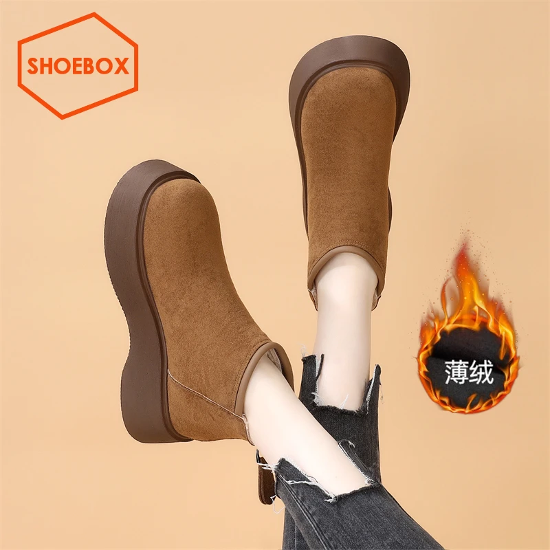 SH0EBOX鞋柜厚底勃肯鞋女2025冬季新款加绒保暖雪地靴短靴棉鞋