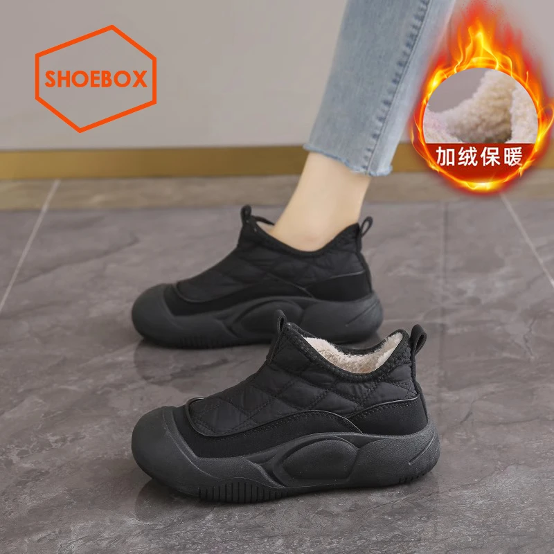 SH0EBOX鞋柜保暖棉鞋女2025新款冬季女鞋加绒一脚蹬防滑妈妈鞋