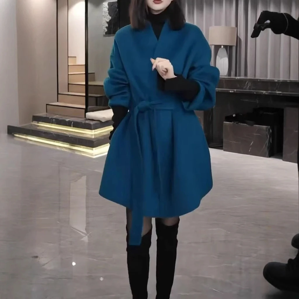 新款简约大气宽松显瘦系带外套纯色大衣女装上衣秋冬女款收腰冬季