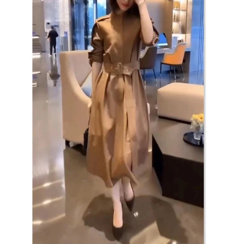 新款时尚立领收腰连衣裙女中长款显瘦女裙