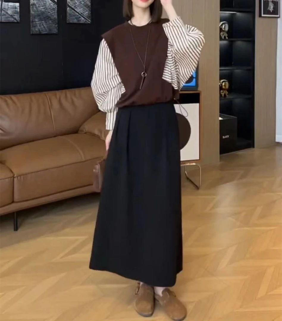 新款宽松假两件拼接条纹上衣高腰半身裙女装