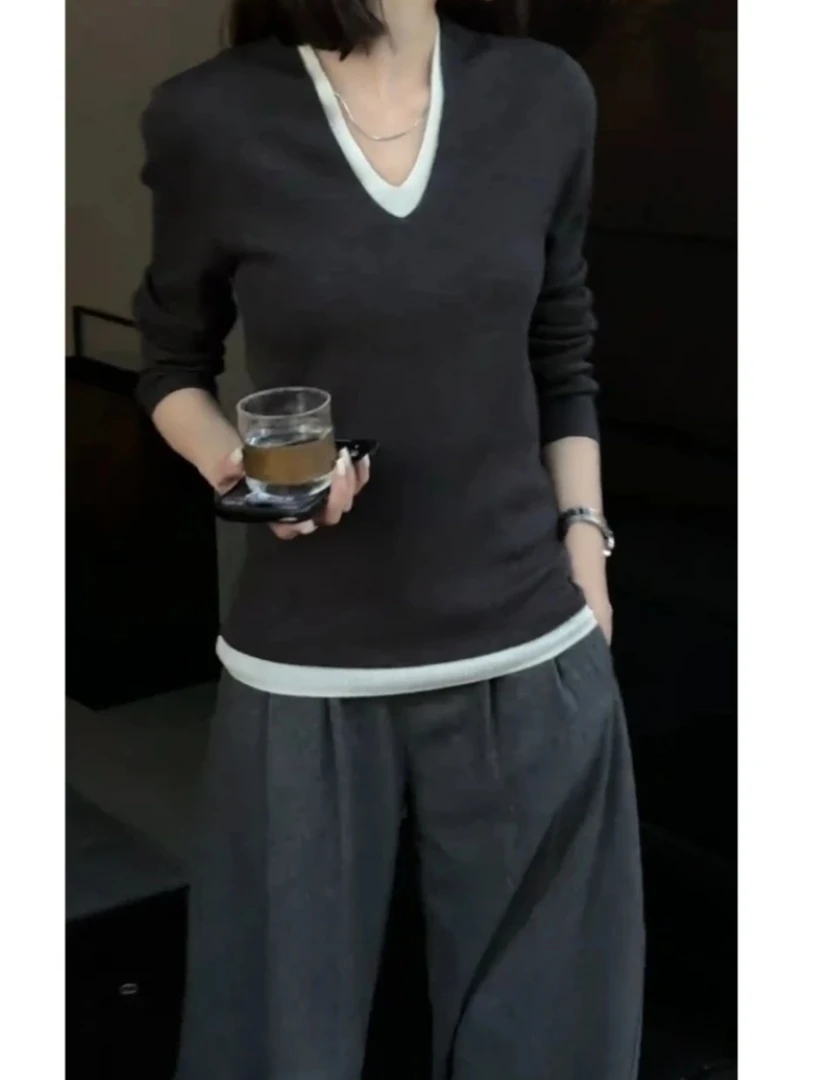 新款时尚潮流百搭假两件上衣爆款打底衫搭裤子精品女装打底洋气