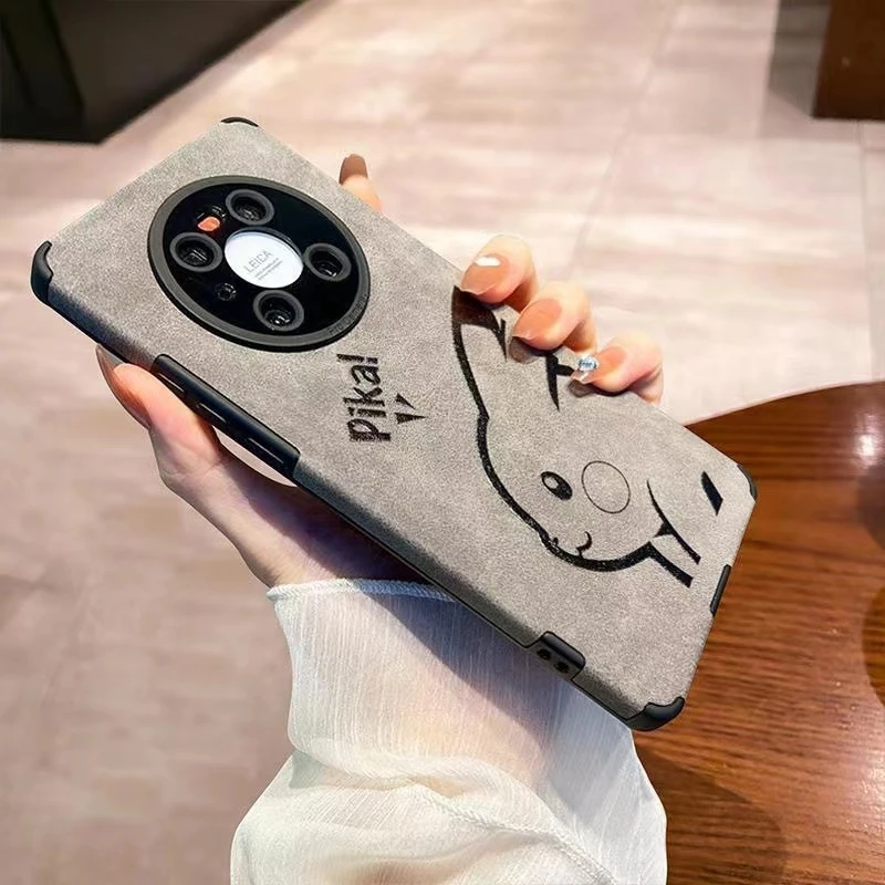 适用皮卡丘华为mate60pro手机壳苹果13翻毛皮14新款皮质12个性15