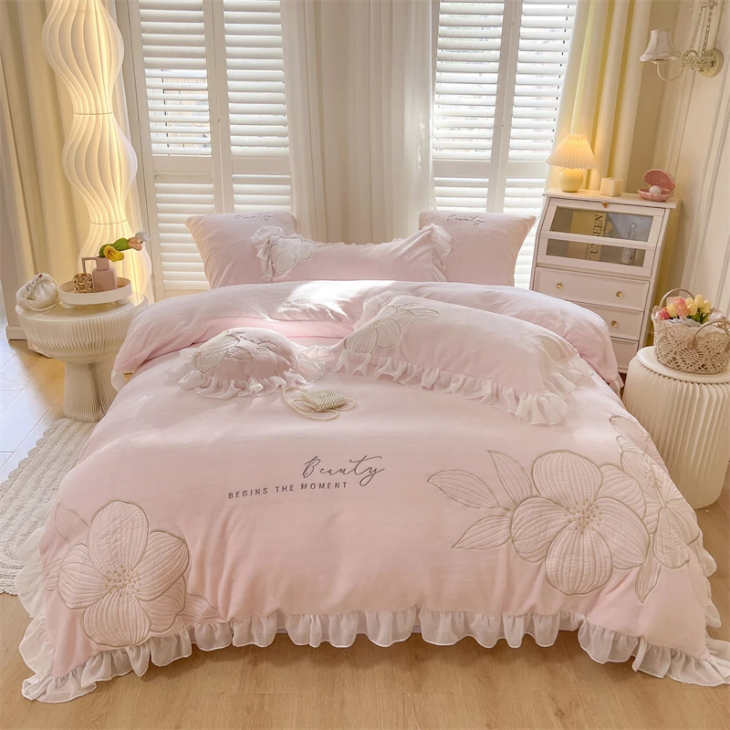 秋冬新款高端法式蕾丝牛奶绒四件套双面绒被套床单款双人床上用品