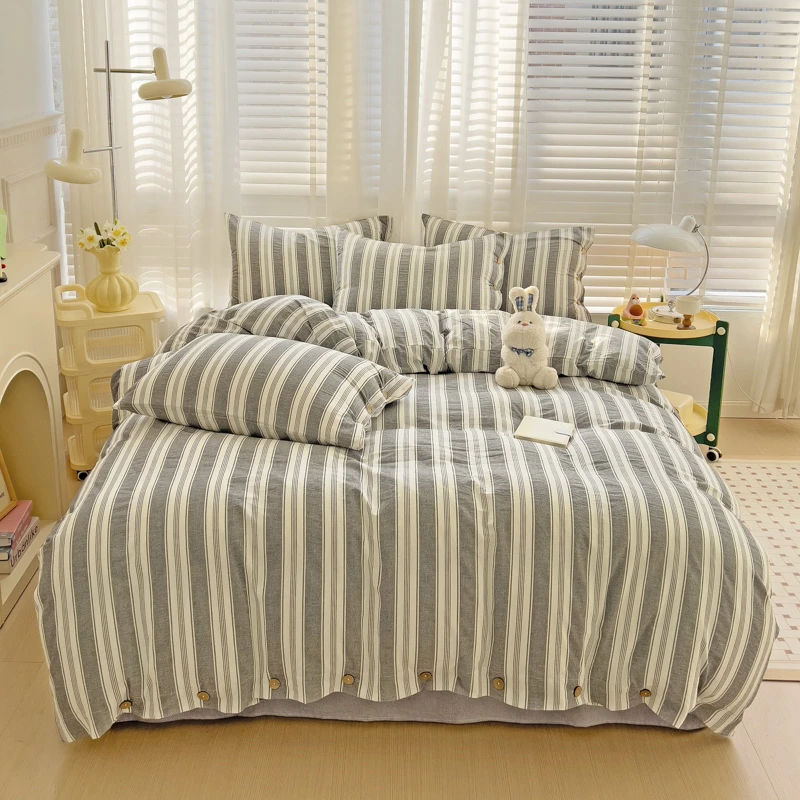 新款全棉水洗棉纽扣款四件套纯棉被套床单款宿舍上下铺单人三件套